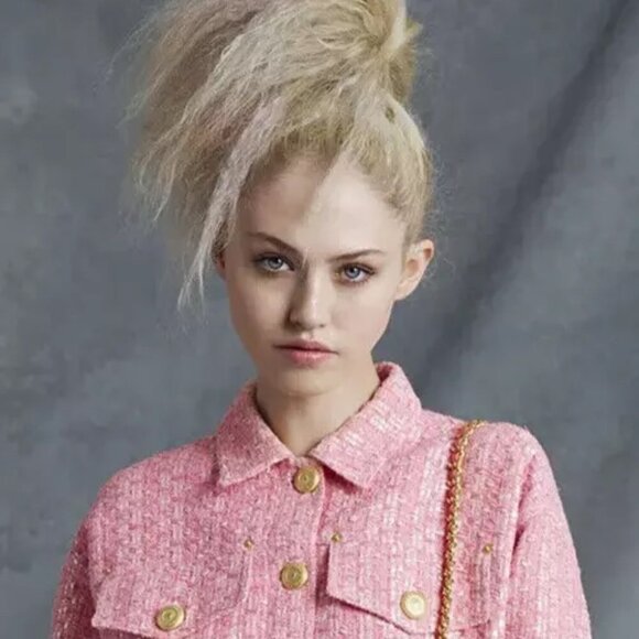 MOSCHINO COUTURE RAFFIA BOUCLE PINK TWEED JACKET SKIRT SET 2017 RUNWAY SZ 8 - Picture 4 of 16